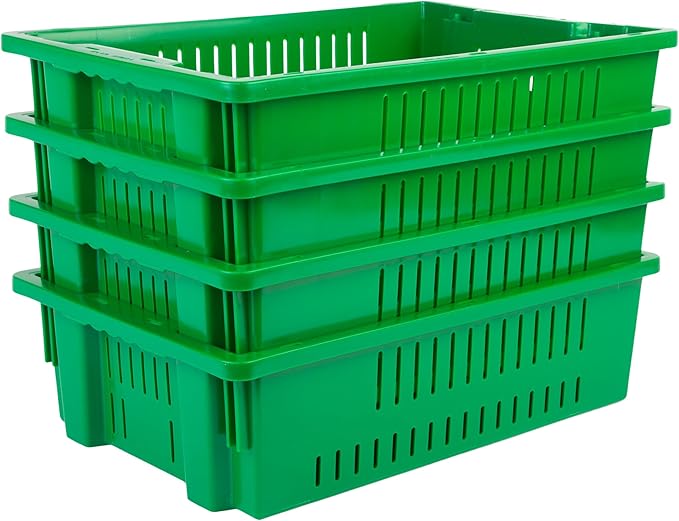 Hudson Exchange 20 x 13 x 5.6" (4 Pack, 4.5 Gallon) Agricultural Nest and Stack Vented Crate Handled Storage Container Tote, Green