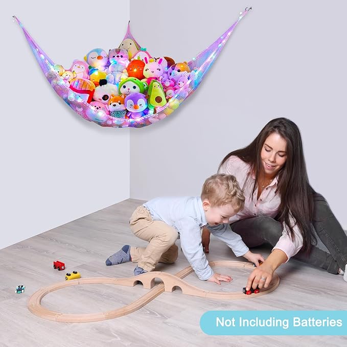 Unicorn Castle Stuffed Animals Net or Hammock Kids Toy Storage Organizer with LED Light Hanging Corner Stuffed Animals Holder Kids Girls Room Decor,Blue-Purple,Large (Pack of 1)