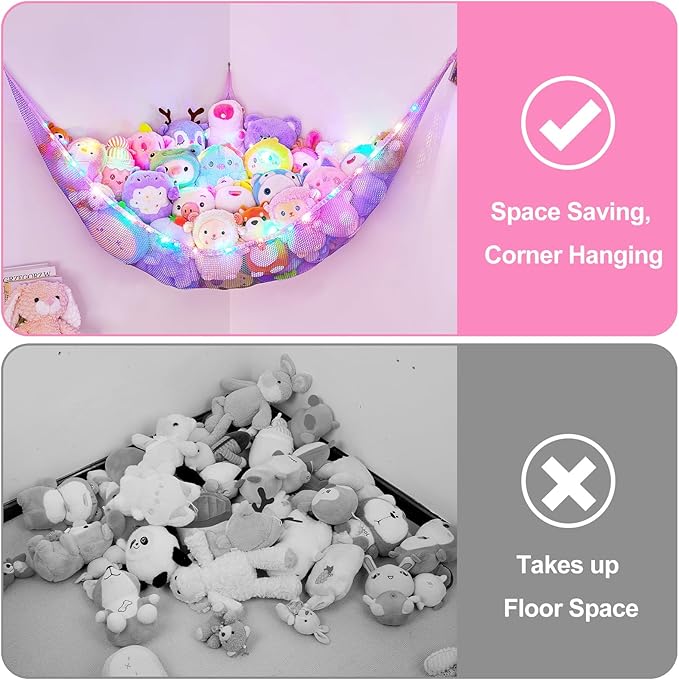 Basumee Stuffed Animals Net or Hammock with LED Light Hanging Toy Net Hammock for Stuffed Animals Storage Stuff Animals Hammocks for Nursery Room with Remote Control, 8 Kinds of Lights(Pack of 1)