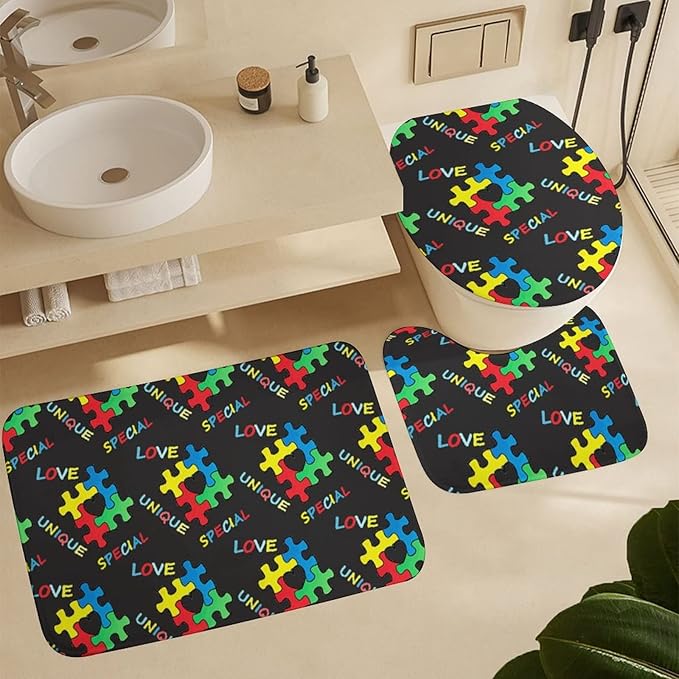 4 Pc Colorful Autism Awareness Puzzle Pieces Heart Black Art Shower Curtains + Bath Mats Set, Water Repellent Window Curtain Super Absorbent Toilet Floor Rug