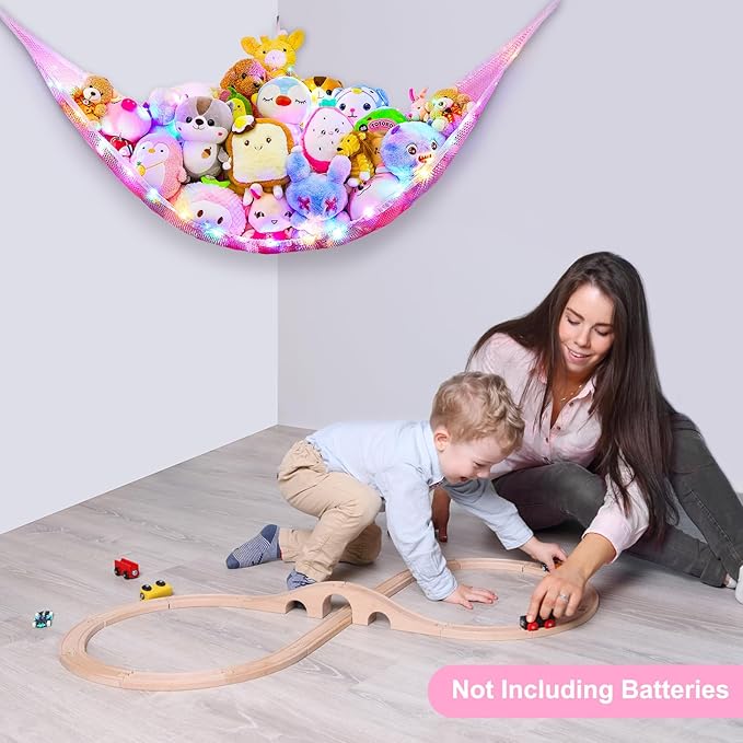 Unicorn Castle Stuffed Animals Net or Hammock Kids Toy Storage Organizer with LED Light Hanging Corner Stuffed Animals Holder Kids Girls Room Decor,Pink,Large (Pack of 1)