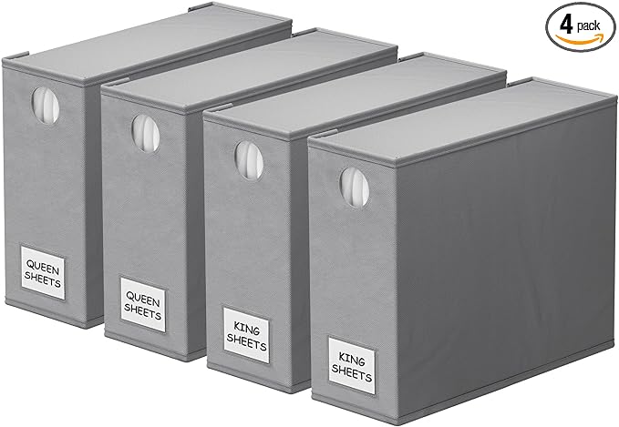 SpaceAid 4 Pack Bed Sheet Organizers and Storage, Foldable Organizer for Linen Closet, Sheets Set Folder Keeper with Window XL (Queen & King Size) Organizing Bedding Container, Gray 91ZDSN-SL01-G4