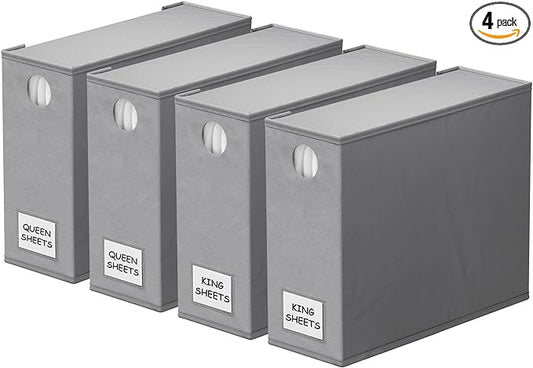 SpaceAid 4 Pack Bed Sheet Organizers and Storage, Foldable Organizer for Linen Closet, Sheets Set Folder Keeper with Window XL (Queen & King Size) Organizing Bedding Container, Gray 91ZDSN-SL01-G4