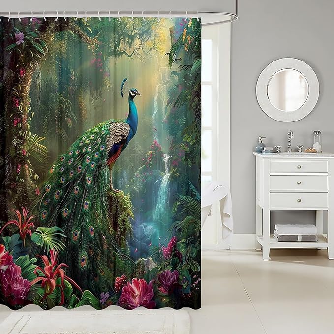 Green Peacock Shower Curtain,Floral Tropical Plant Natural Bathroom Curtain Kids Boys Girls Bathroom Decor,Colorful Luxury Bath Curtain,Wild Animal Feather Waterproof Curtain,12 Hooks,72"Wx78"L