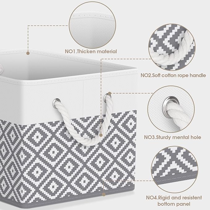 Storage Bins, 6-Pack Large Storage Box with Rope Handles, Collapsible Storage Basket for Organizing Books,Clothes,Rhombic Grey