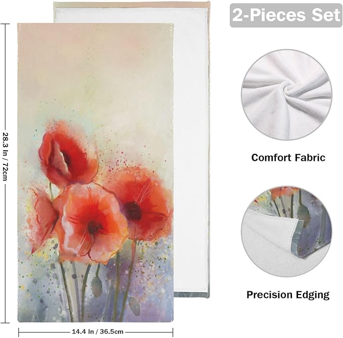 2 Pcs Vintage Flower Red Poppy Hand Towels for Bathroom,Soft Absorbent Retro Watercolor Floral Farmhouse Dish Towels for Kitchen,Quick Dry Decorative Bathroom Towels for Face,Shower 14"x28"