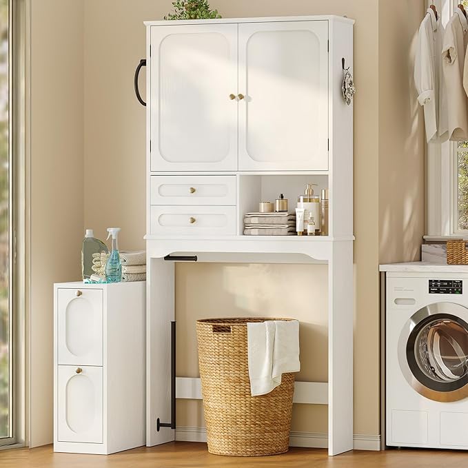 Over The Toilet Storage Cabinet with Free-Standing Cabinet & Towel Holder, Bathroom Storage Cabinet with 4 Section Drawers, Adjustable Shelves & Paper Holder for Bathroom, Laundry Room, White