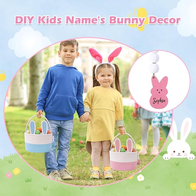 Easter Baskets for Kids, Pink Small Woven Rope Bunny Personalized Easter Basket Empty with Handle, Basket Name Tag, Baby Egg Easter Baskets for Girls Boys Toddler Babies Infant, 9" x 9" x 6.3"