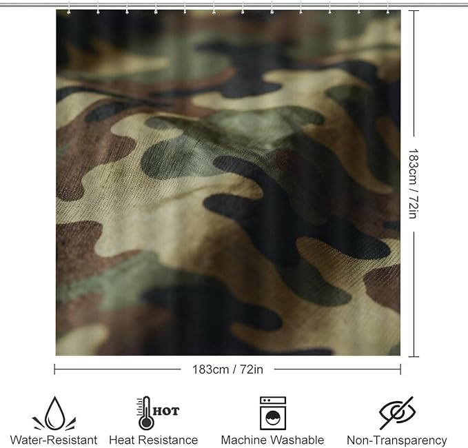 4 Piece Bathroom Rug Set with Shower Curtain, Non-Slip Bath Mat Toilet Cover Set, Camouflage Bathroom Rug Sets