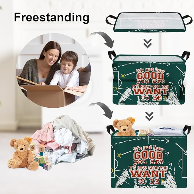 Clastyle Vintage Sport Ball Kid Storage Basket Baby Laundry Hamper Boy Gift Toy Box Collapsible Clothes Organizer Nursery Bin for Bedroom, Green Football, 40*30*30 cm