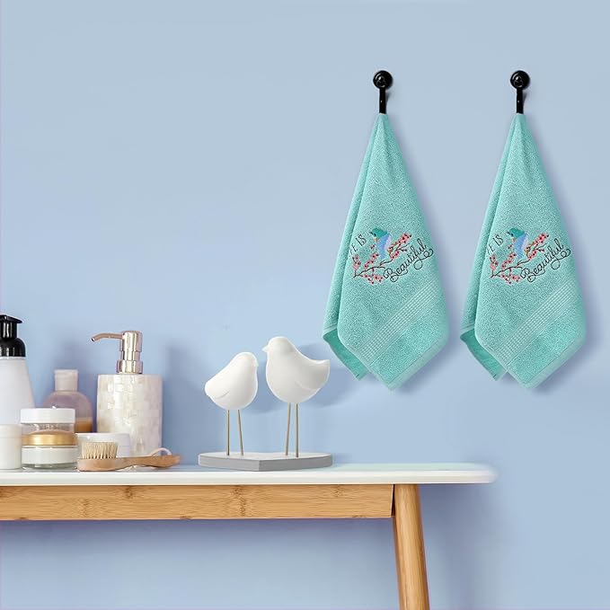 2 Pcs Bird Hand Towels Mint Green Bathroom Decor 14x29 Inch Embroidered 100% Cotton Soft Absorbent Spring Summer Decorative Hand Towels for Bathroom Kitchen
