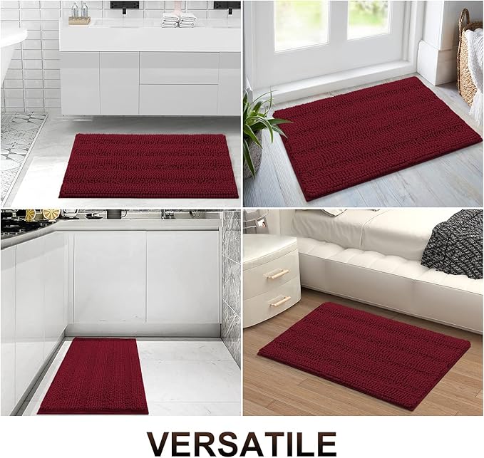 Grandaily Chenille Striped Bathroom Rugs 59x24, Extra Thick and Absorbent Bath Mats, Non-Slip Soft Plush Shaggy Shower Carpet, Machine Wash Dry, Bath Rug for Bathroom, Burgundy