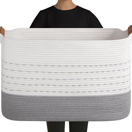 OIAHOMY 108L Extra Large Blanket Basket, 25”x16”x16” Rectangle Woven Cotton Rope Baskets for for Living Room, Toy Storage with Handle- Gradient Grey