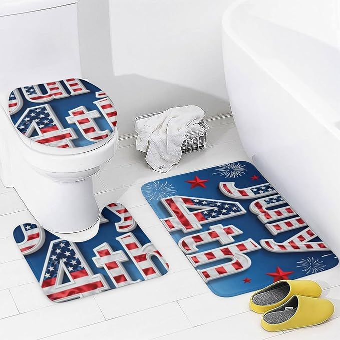 4 Piece Bathroom Rug Set with Shower Curtain, Non-Slip Bath Mat Toilet Cover Set, Independence Day Bathroom Rug Sets