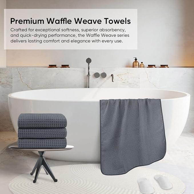 HOMEXCEL Waffle Bath Towels Set 4 Pack, Premium Microfiber Bathroom Towels, Ultra Soft, Lightweight, Highly Absorbent and Quick Dry Towel for Bathroom, Gym, Shower, Hotel, and Spa, 27 x 54 Inch, Grey