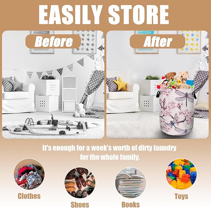 Dragonfly Laundry Basket, Foldable Cherry Blossom Laundry Hamper Tote Bag Dirty Clothes Storage Bucket Toy Organizer for Bathroom/Laundry/Bedroom 15.7"x19.6"