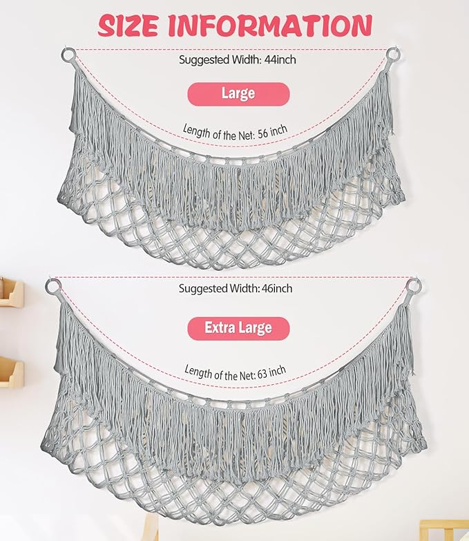 Stuffed Animal Hammock - Extra Large 63'' Long, Stuffed Animal Storage, stuffed animal Holder net, Hammock Large, Storage Hanging Organizer - Light grey