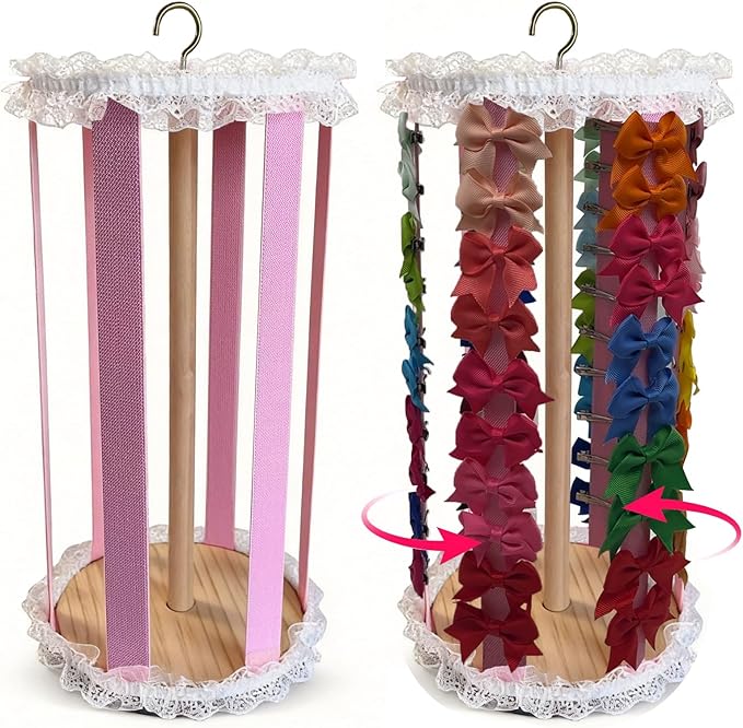 Bow Organizer for Girls, Solid Wood Hair Bow Holder with 360° Rotating Stand, Hair Clip & Hair Accessories Organizer for Baby Girls, Pink Nursery & Girls Room Decor