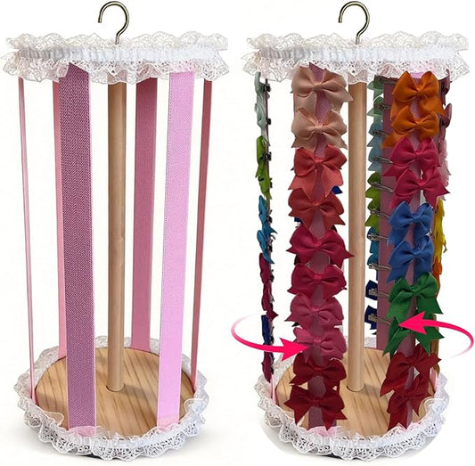 Bow Organizer for Girls, Solid Wood Hair Bow Holder with 360° Rotating Stand, Hair Clip & Hair Accessories Organizer for Baby Girls, Pink Nursery & Girls Room Decor