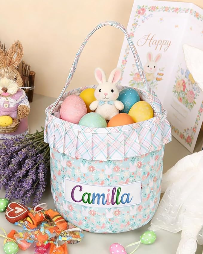Personalized Easter Floral Bunny Basket for Kids, Custom Cute Rabbit Basket w/Embroidered Name, Customized Egg Hunt Storage Bags with Handles, First Easter Gifts for Newborn Baby Toddler Boy Girls