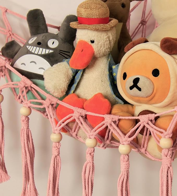 Stuffed Animal Storage Hammock Corner with LED Light - Toy Hanging Organizer Plushie Net - Pink Room Decor for Teen Girls - Cute Bedroom Aesthetic Nursery Kids Baby Toddler
