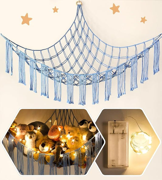 Stuffed Animal Hammock Corner Storage with LED Light - Bluey Room Decor for Girls - Teddy Bear Stuffy Hammock - Cute Blue Things for Bedroom - Wall Ceiling Hanging Decor
