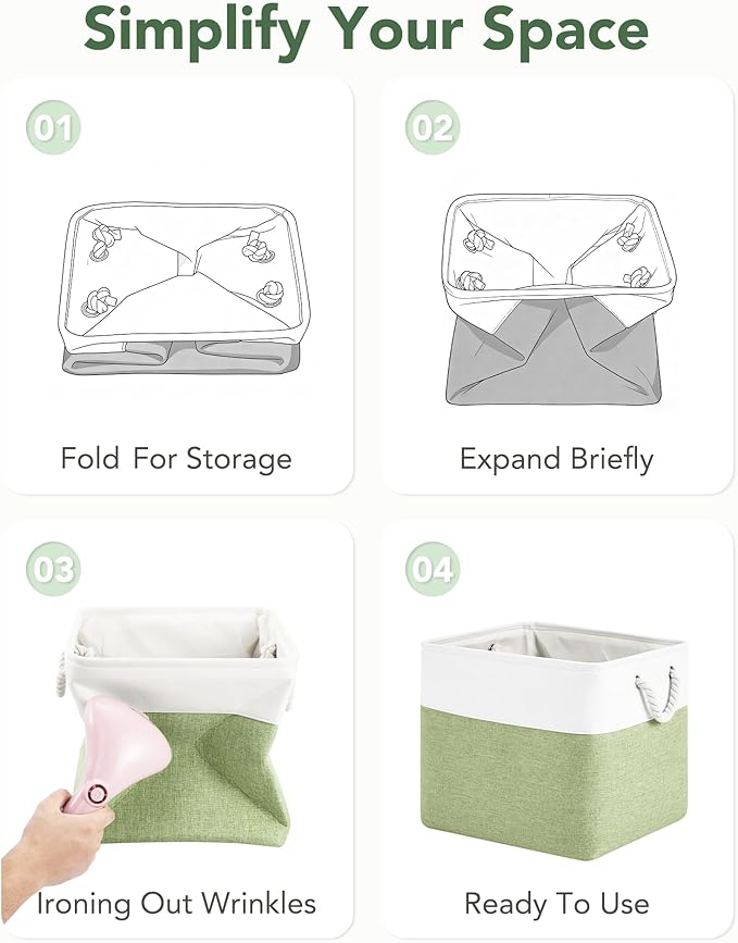 13x15x13 Storage Cube Bins, Heavy Duty Foldable Fabric Storage Bins with Handles and Metal Frame, 6 Pack Large Closet Organizer Bins for Clothes, Socks, Towels, White Green