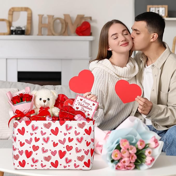 Bucherry 6 Pcs Valentine's Day Storage Baskets Empty Red White Pink Heart Collapsible Waterproof Canvas Storage Bin Organizer with Handles for Galentines Gifts Bookshelf Box Laundry Decor