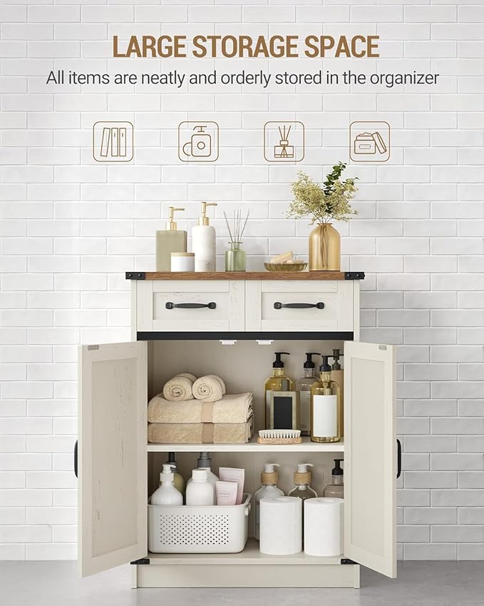 Bathroom Storage Cabinet, Freestanding Bathroom Floor Cabinet with Drawers & Doors, Farmhouse Buffet Cabinets with Adjustable Shelf, for Kitchen, Living Room, Entryway, White Brown SC62414X