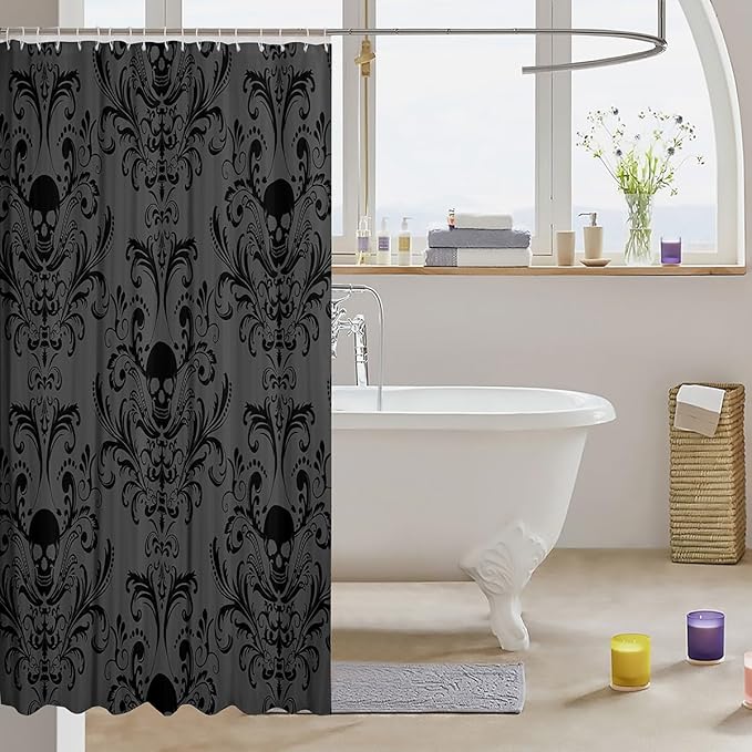 Gothic Shower Curtain Set Black Damask Fabric Shower Curtain Antique Victorian Vintage Floral Exotic Sugar Skull Bathroom Decor 72"Wx72"L,Skeleton Boho Baroque Decor Housewarming Gift,Charcoal Grey