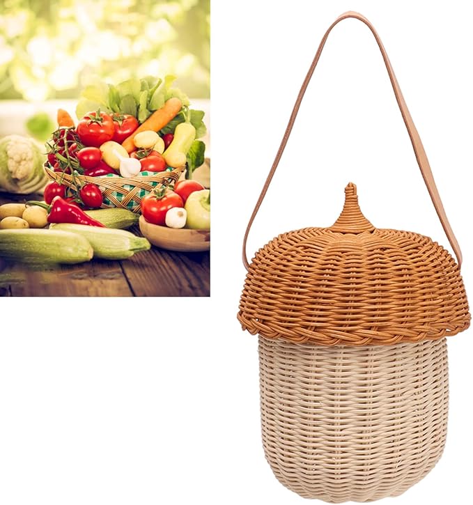 Rattan Storage Basket, Hand Woven Decorative Acorn Shaped Basket Bag Photography Props Decorative Basket for Boys Girls (Large Handbag)