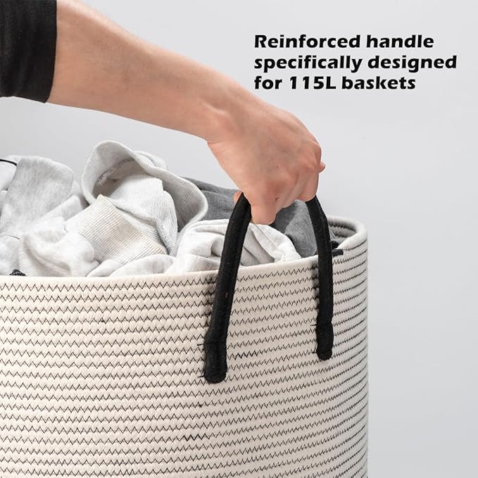 21" x 18"Extra Large storage baskets,Eco-friendly rope baskets with lid,blanket basket living room with lid,hampers for bedroom,big,round, Black 115L