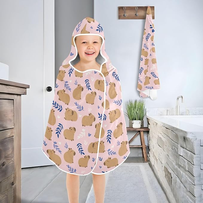 Pink Cute Capybara Hooded Beach Towel for Kids, Kids Bath Hooded Towels for Boys Girls, Super Soft Absorbent Bathrobe with Hood for Swin Pool 50"x23.5"