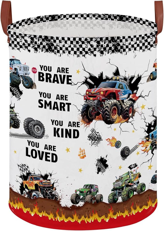 Monster Trucks Laundry Hamper Basket Kid Gift Toy Bin Empty Car Nursery Decor Hamper,Storage Basket Collapsible Clothes Book Organizer Bin for Boy,Valentine's Day Gift (Monster Trucks-Fire)