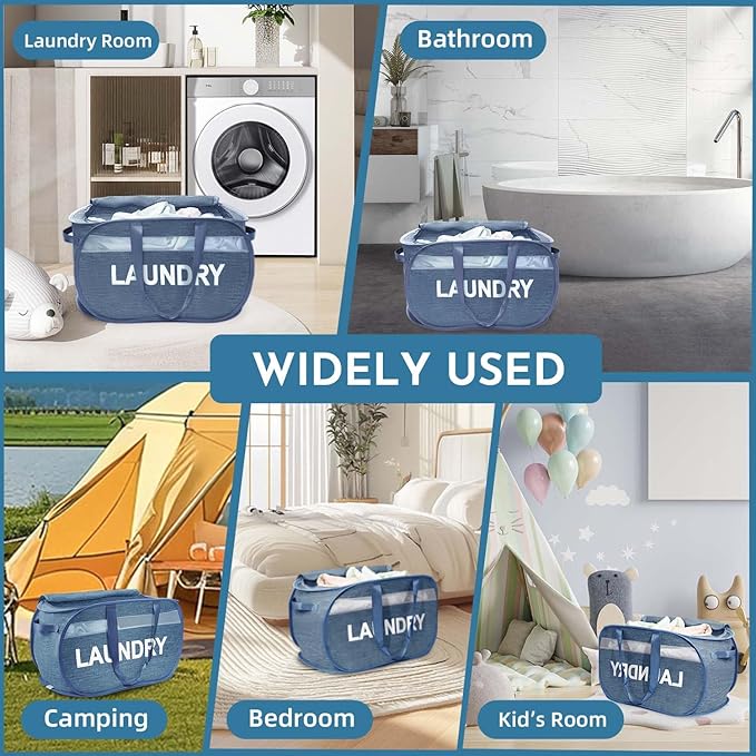 Collapsible Laundry Basket 2 pack, Foldable Pop Up Blue Laundry Baskets Mesh with Lid & Handle, Pop Up Collapsible Laundrys Hamper, Fabric Laundrys Baskets for Dorm, Travel, Bathroom