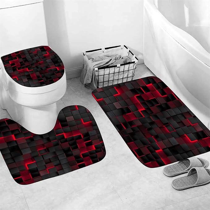 4Pcs Shower Curtain Set Black 3D Cubes Shower Curtain Set Modern Bathroom Sets with Shower Curtain and Rugs Red Shower Curtain with 12 Hooks