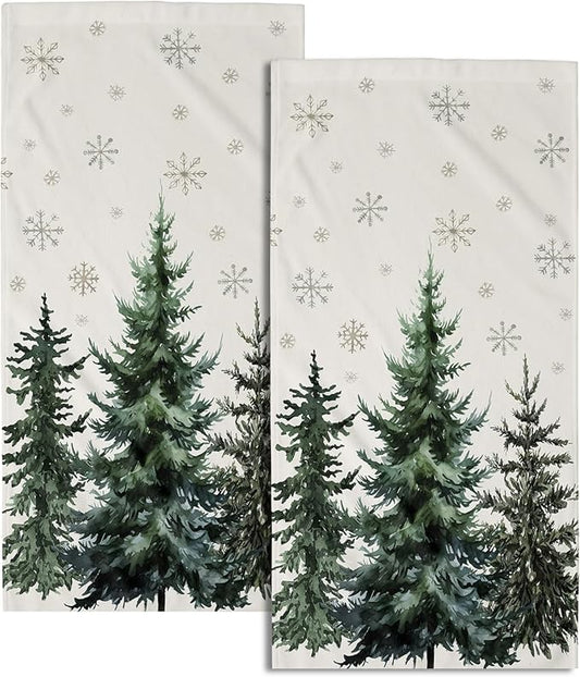Green Xmas Tree Snowflake Hand Towel Set of 2 Soft Absorbent Winter Holiday Christma Tree Snow Decorative Tea Towels Baking Cooking Wash Cloth for Bathroom Kitchen Bar Beach Gym Spa Decor 14x28 Inch