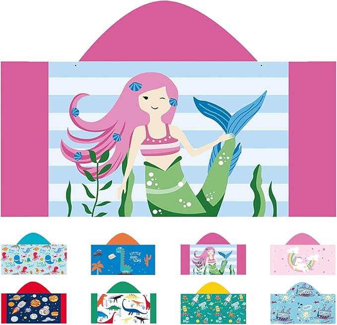 Hooded Beach Towel, Microfiber Hooded Beach Towel For Kids Toddler Infant Boy Girl, Beach Towel with Hood For Bath Pool Swim Swimwear Summer Beach Essentials Cartoon Shower Gifts (24x50 Inch, Mermaid)