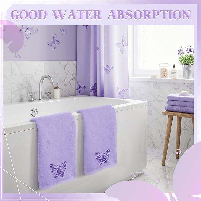 2 Pcs Butterfly Hand Towels Light Purple Bathroom Decor 14x29 Inch Embroidered 100% Cotton Soft Absorbent Spring Summer Washcloths Decorative Hand Towels for Bathroom Kitchen