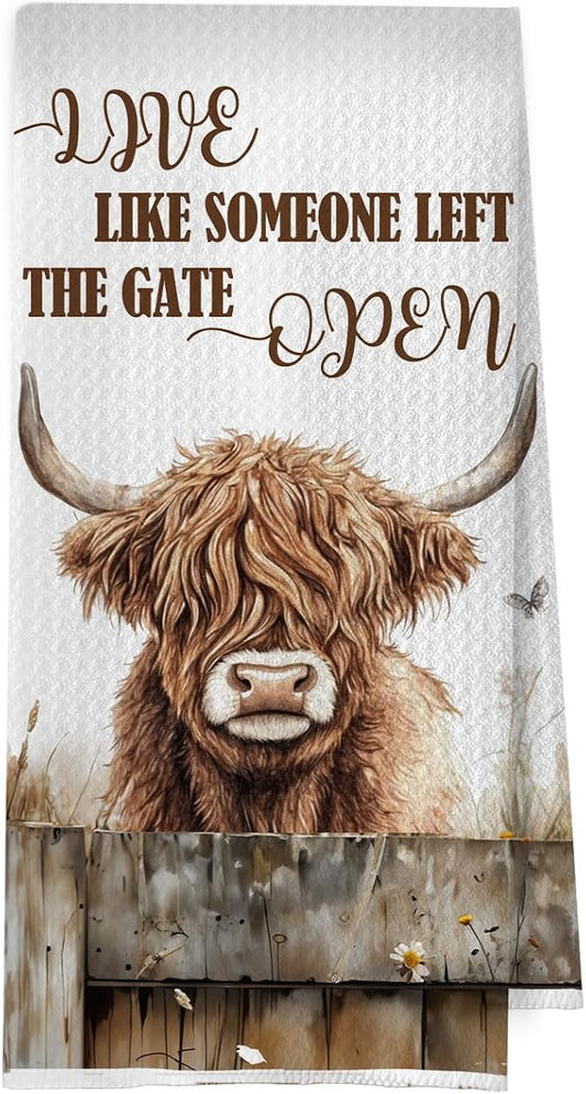 Highland Cow Kitchen Towels 16x24 Inch, Live Like Someone Left The Gate Open Highland Cow Hand Towels for Bathroom Decor, Farmhouse Farm Animal Dish Towel Drying Cloth for Kitchen