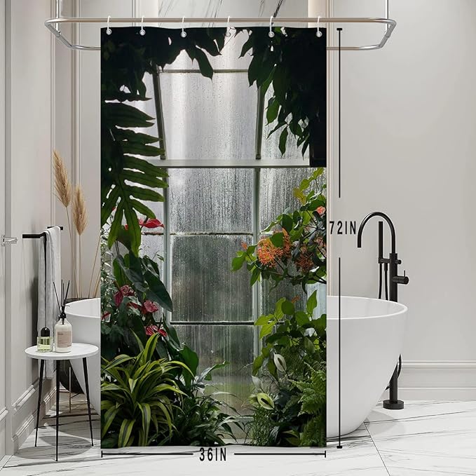 Greenhouse Flower Room Shower Curtains Spring Glass Flowers Green Plants Interior Garden Scenic Machine Washable Fabric Bathroom Curtains Set with Hooks, 36x72 Inch, 72.00" x 36.00"