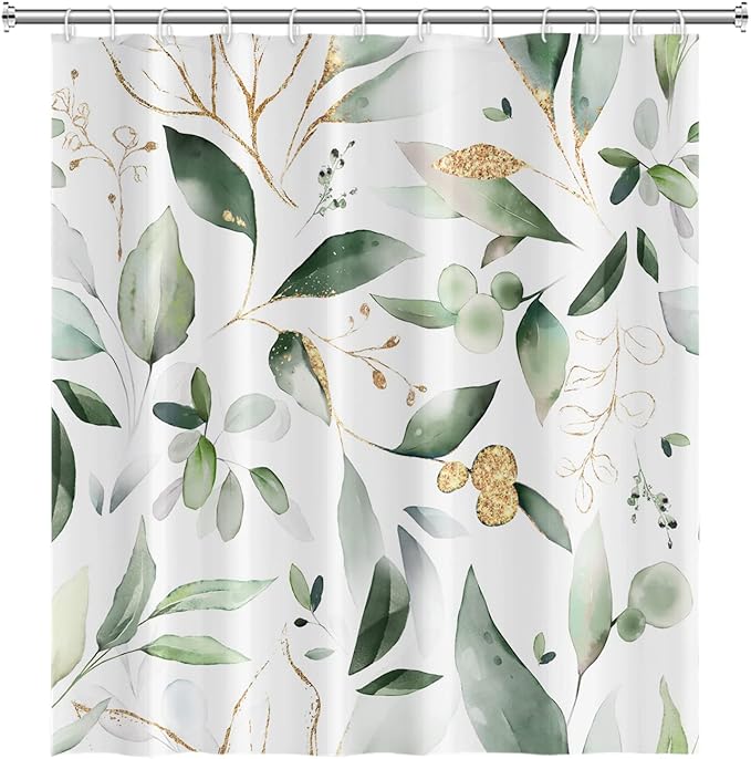 Abstract Eucalyptus Leaves Shower Curtains Sage Green Gold Branches Leaf Nature for Bathroom Farmhouse Style Home Decor Waterproof Polyester Fabric Shower Curtain with Hooks, 36x72 Inch