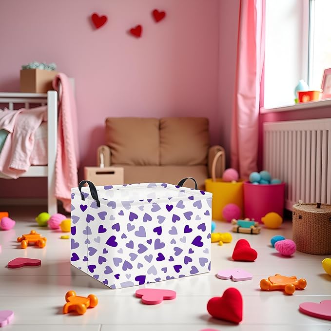 HIYAGON Rectangular Valentines Basket Fabric Storage Bin Storage Boxes Collapsible Storage Basket for Clothes Books Shelves Basket(Light Purple Heart)