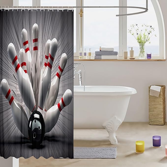 3D Bowling Ball Waterproof Shower Curtains Sports Theme Fabric Bathroom Shower Curtain Boys Girls Youth Modern Athlete Competitive Shower Curtain with Hooks Chic Ball Game Decor Curtain,72x72 Inches