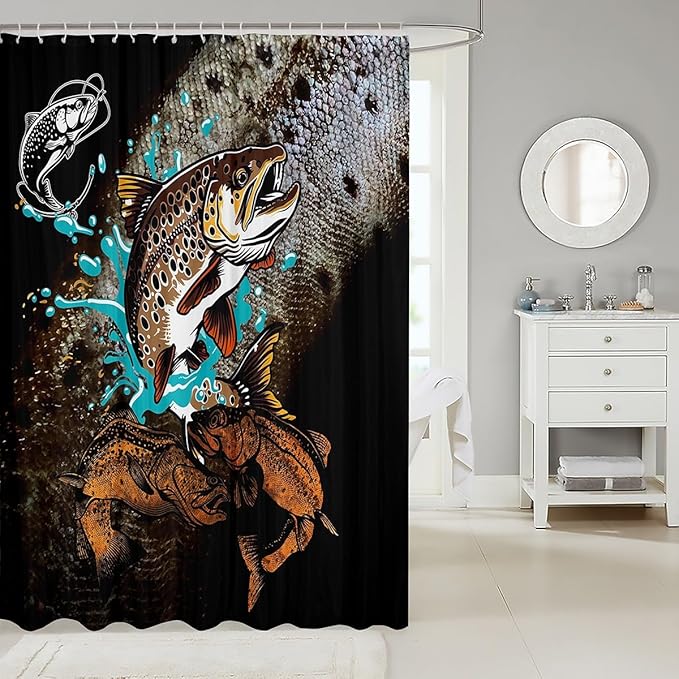 3D Bass Fish Scale Shower Curtain for Bathroom - Kids, Teens, Adults, Men Room Decor - Animals Fishing Waterproof Black Brown Bath Curtain With 12 Hooks, 72" W x 78" L