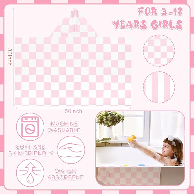 2 Pcs Kids Hooded Bath Towel 50" x 30" Kids Hooded Beach Bath Towels Pink Microfiber Toddlers Towels Pool Beach Towel Wrap for 3-12 Years Girls Toddlers Swimming Cover up 2 Design(Stripe)