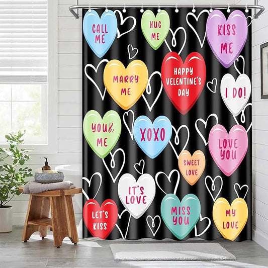 Happy Valentine Day Cute 36x72 Shower Curtain for Girls Love Me Kiss Me Red Black Love Hearts Romantic Shower Curtain Set Decor Bathroom Accessories Fabric Polyester Kid Bath Curtain with Hooks