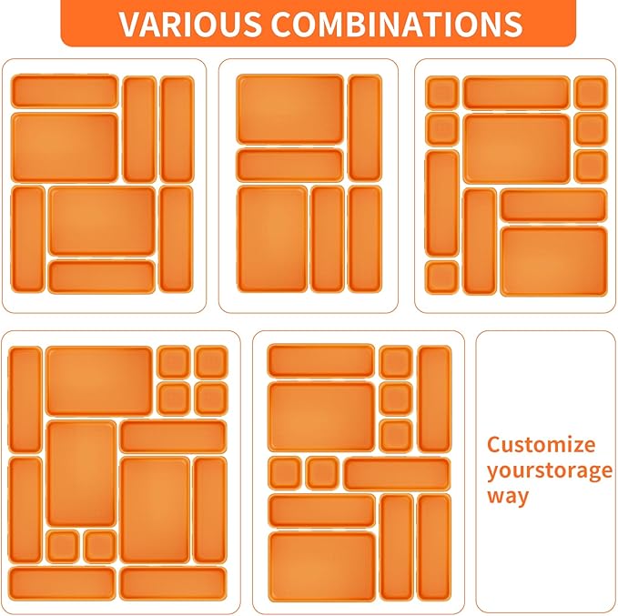 45 Pack Desk Drawer Organizer Tray, 3 Sizes Plastic Drawers Organizer Storage for Kitchen, Bathroom, Office, Vanity, Makeup, Utensils, Junk Drawer Organizer Bins, Gadget Trays for Organizing, Orange
