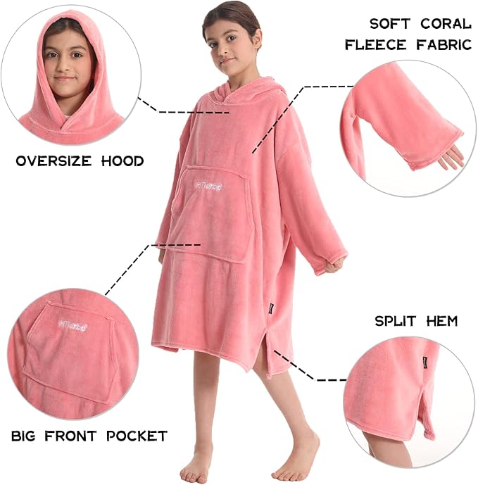 Hiturbo Kids Towel Changing Robe: Soft Plush Wearable Blanket - Warm Coral Fleece Hoodie - Swim Surf Poncho for 5-12 Years (Pink)