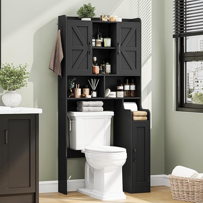 Over The Toilet Storage Cabinet, Bathroom Over Toilet Storage Organizer with Barn Doors & Paper Holder Stand, Farmhouse Space Saving Rack Cabinet with Adjustable Shelves for Bathroom, Laundry (Black)